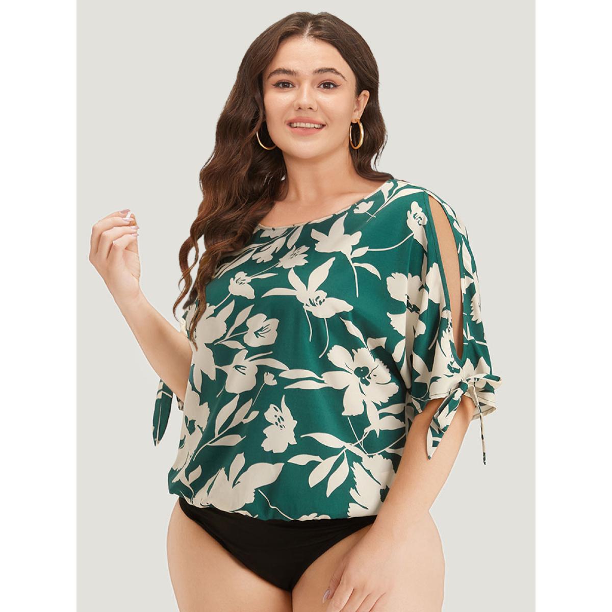 Plus Size Silhouette Floral Print Knotted Cut Out Round Neck Bodysuit Women Cyan Silhouette Floral Print Printed Bodysuits BloomChic 30/6X Product Image