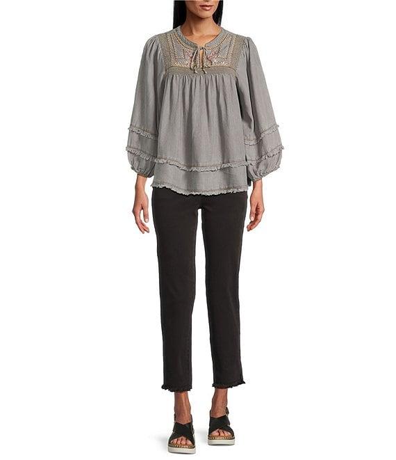 Multiples Petite Size Embroidered Band Collar 3/4 Sleeve Fringe Hem Top Product Image