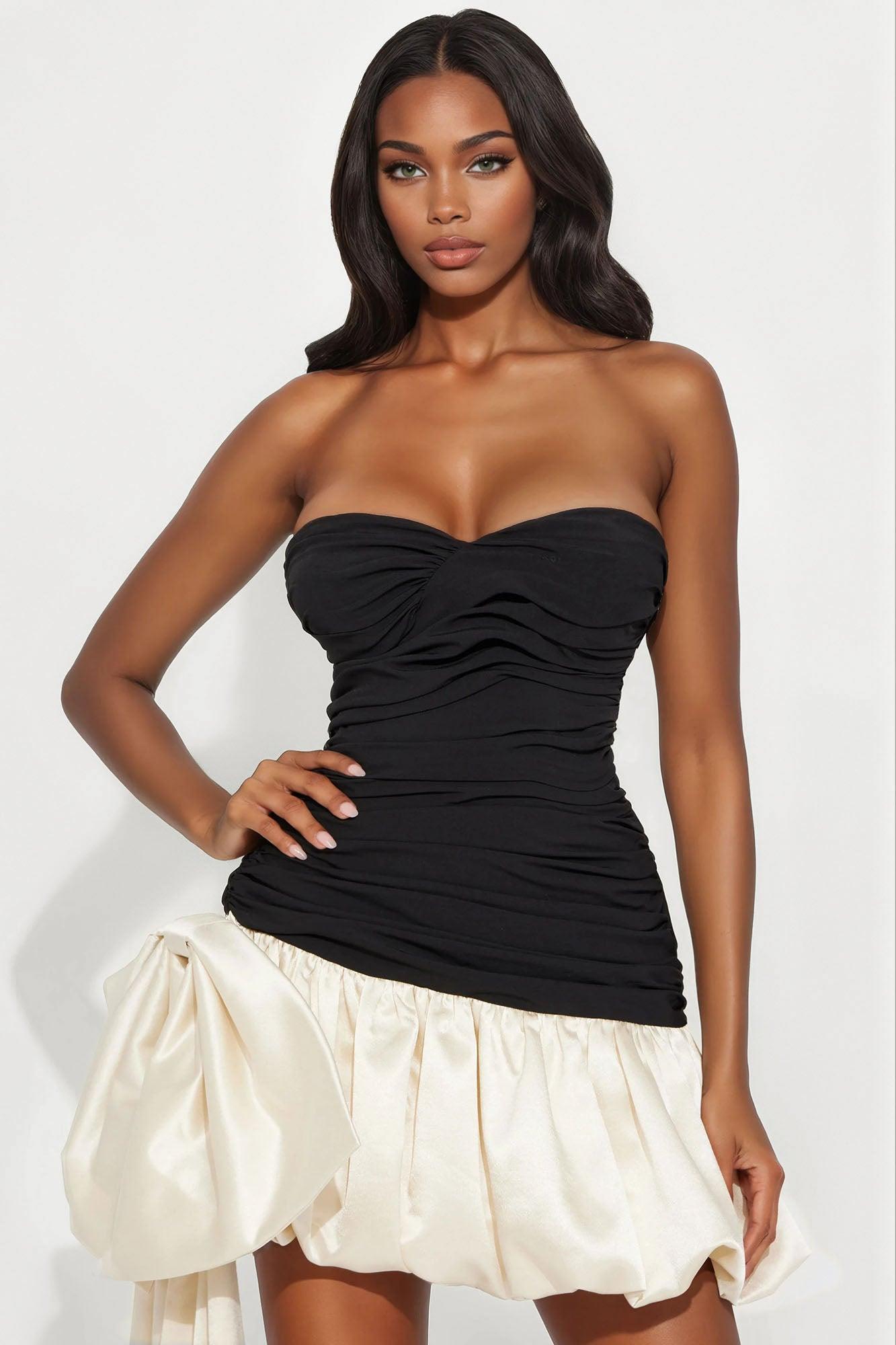 Mia Removable Bow Satin Bubble Mini Dress - Black/combo Female Product Image