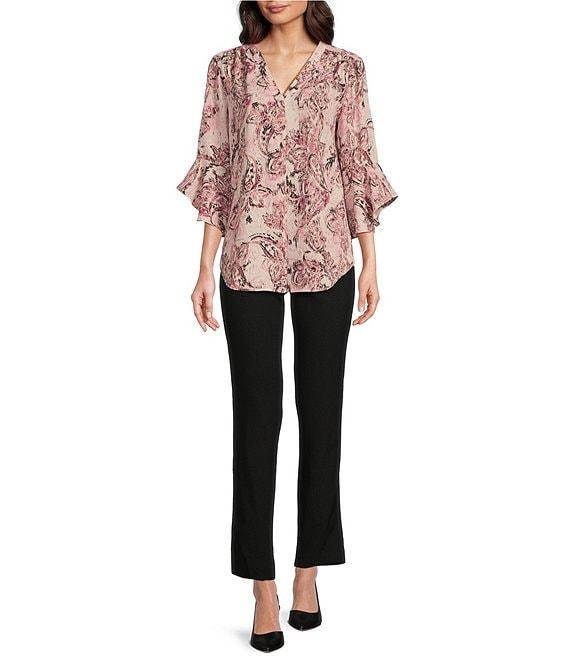 Jones New York Paisley Printed Crepe De Chine V-Neck Flare Sleeve Pleat Front Tunic Product Image
