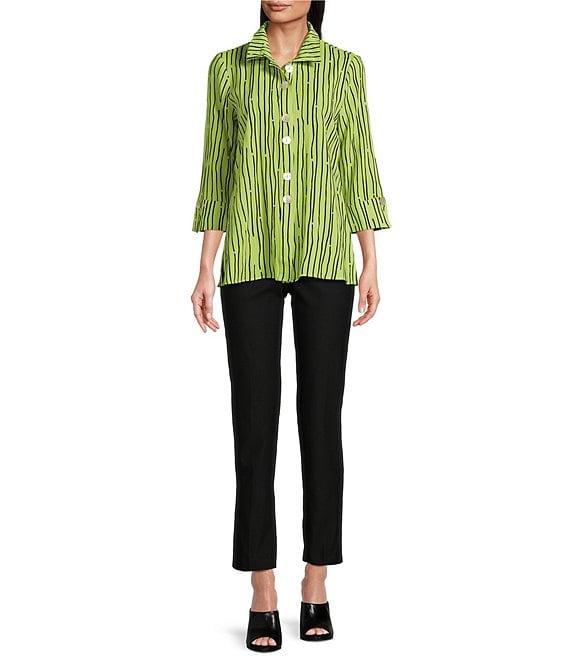 Ali Miles Crinkle Woven Abstract Stripe Wire Collar 3/4 Sleeve Button Front Tunic Product Image