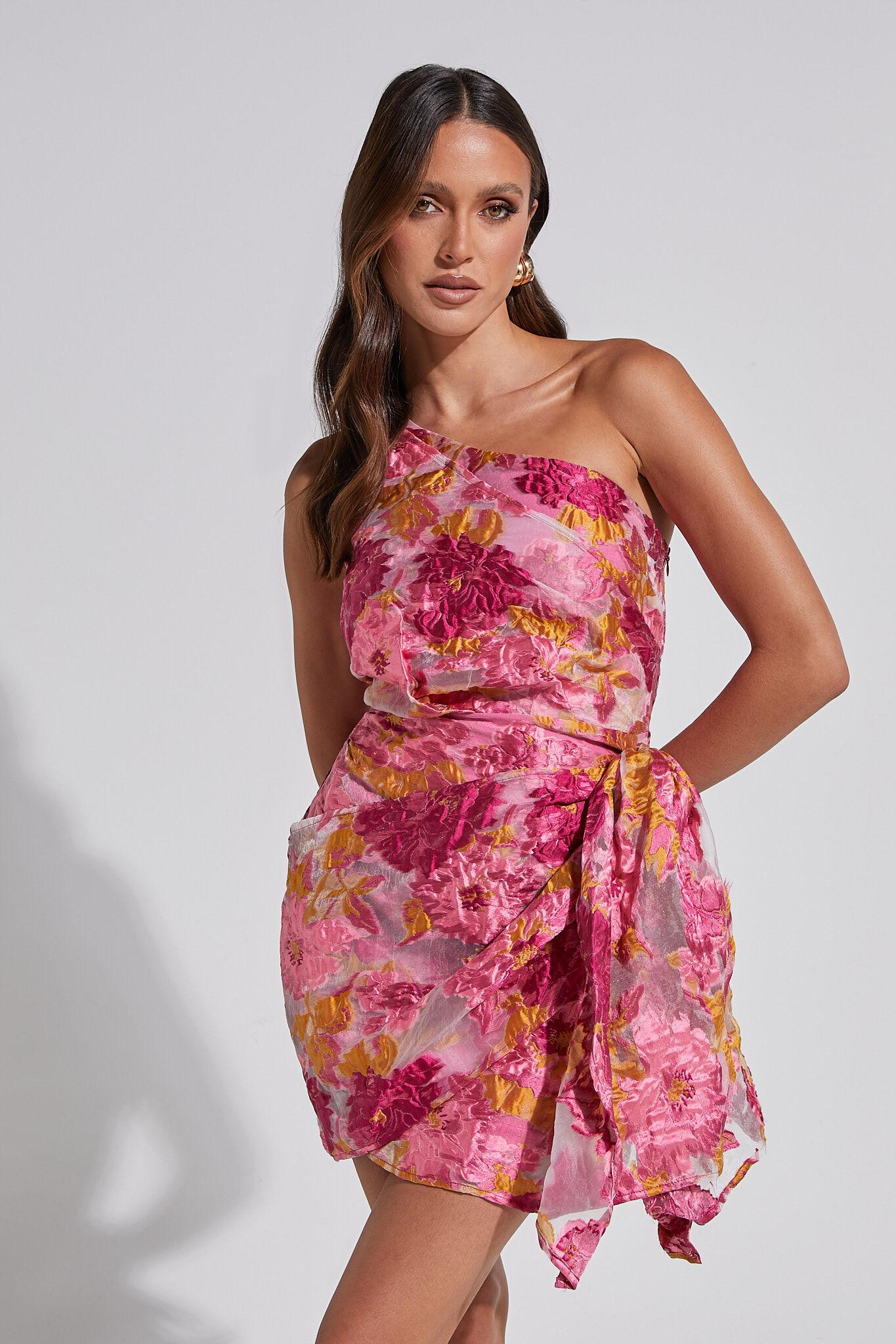 Brailey Mini Dress - One Shoulder Wrap Front Dress in Pink Jacquard Product Image