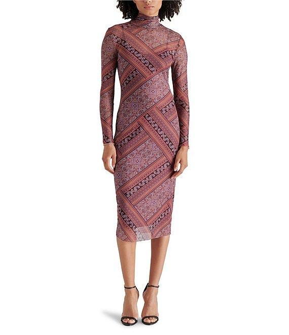 Steve Madden Vivienne Mesh Paisley Print Turtleneck Long Sleeve Bodycon Midi Dress Product Image