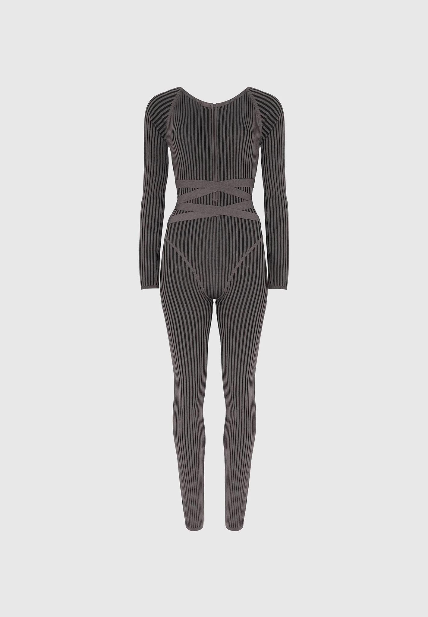 Knitted Two Tone Jumpsuit with Belt - Grey/Black Female Product Image