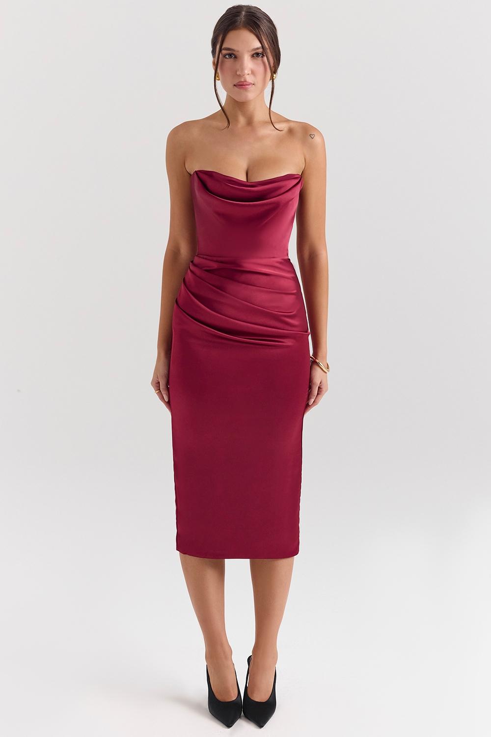 Santana  berry satin strapless midi dress Product Image