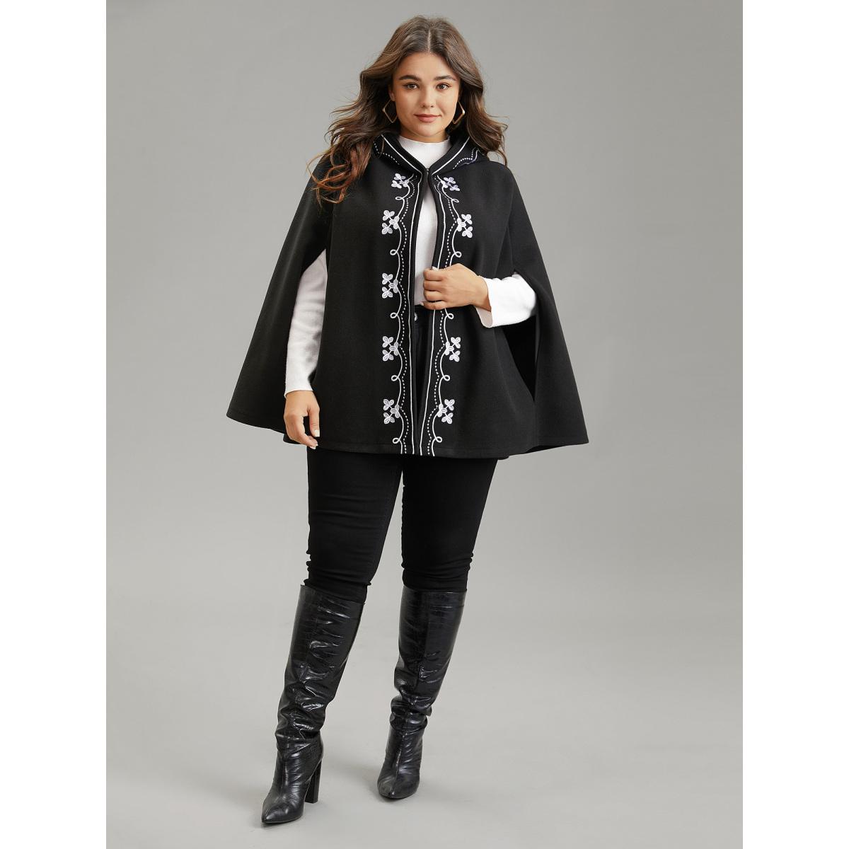 Plus Size Floral Embroidered Hooded Cape Kimono Women Black Casual Lined Loose Dailywear Kimonos BloomChic 26/4X Product Image