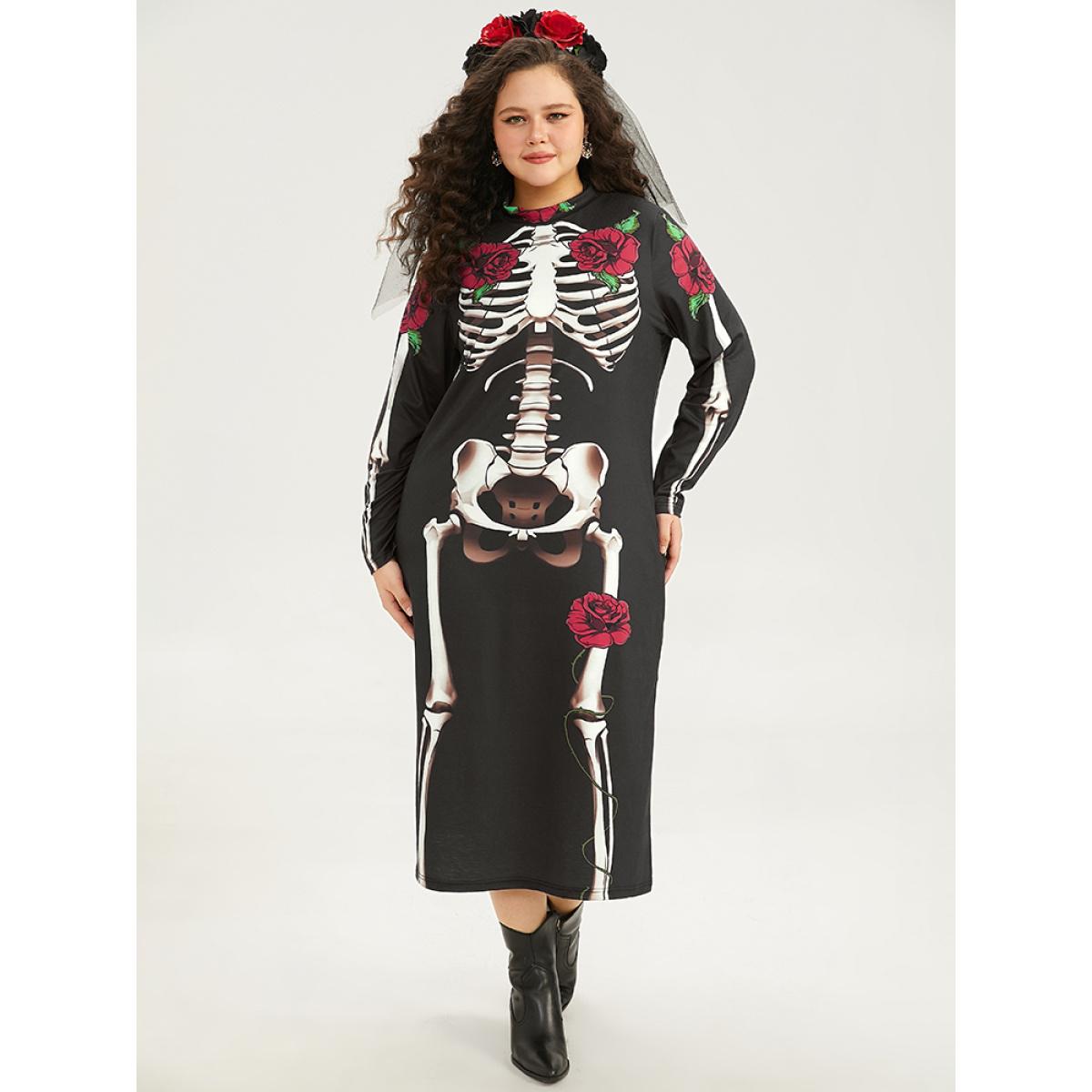 Plus Size Halloween Mock Neck Skull Print Split Hem Dress Black Women Casual Printed Mock Neck Long Sleeve Curvy Midi Dress BloomChic 18-20/2X Product Image