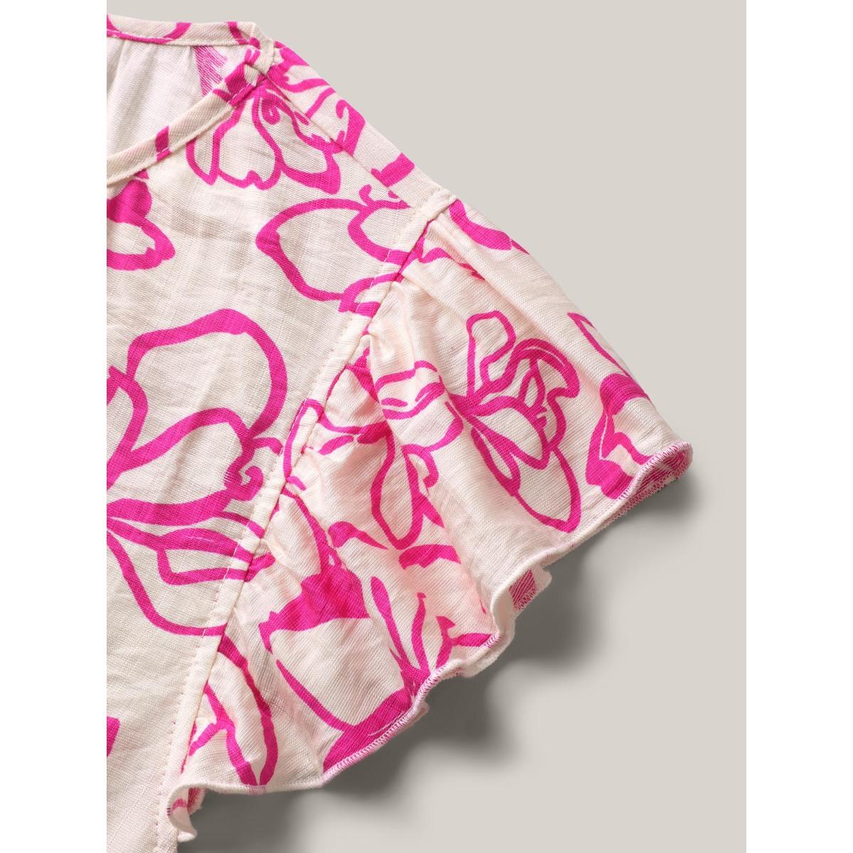 Plus Size Peach Floral Print Flutter Sleeve Blouse Women Cap Sleeve Round Neck Everyday-Elegant Blouses BloomChic 14-16/1X Product Image