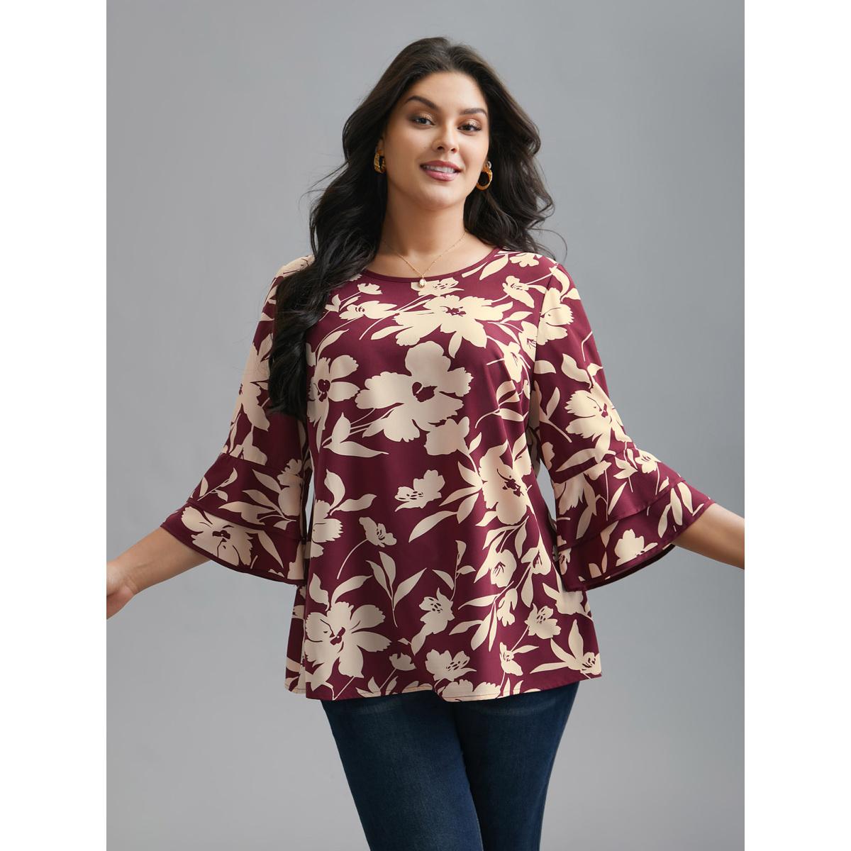 Plus Size Plum Silhouette Floral Print Tiered Ruffles Blouse Women Elegant Elbow-length sleeve Round Neck Everyday Blouses BloomChic 12/L Product Image