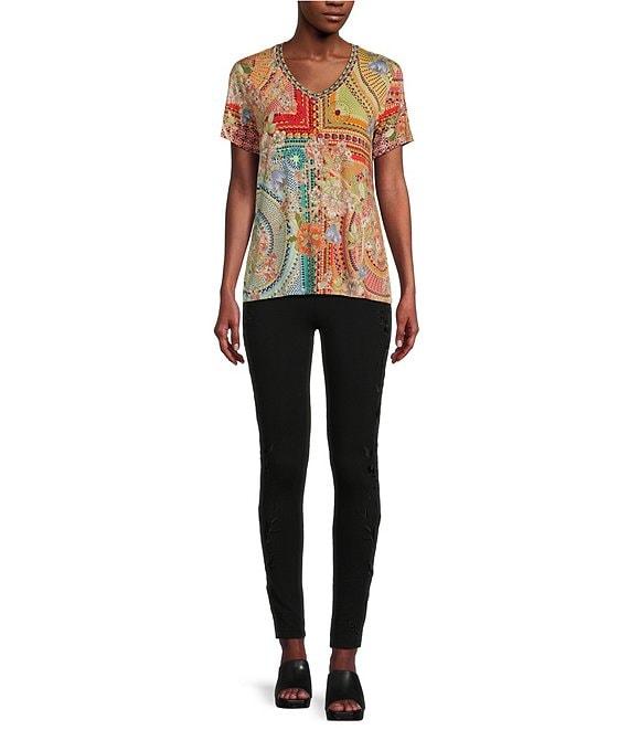 JOHNNY WAS Janie Favorite Mosaic Tile Patchwork Print Bamboo Knit Jersey V-Neck Short Sleeve Tee Product Image