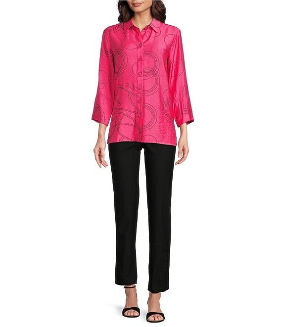 Ali Miles Petite Size Woven Geometric Print Point Collar 3/4 Sleeve Button Front Tunic Product Image