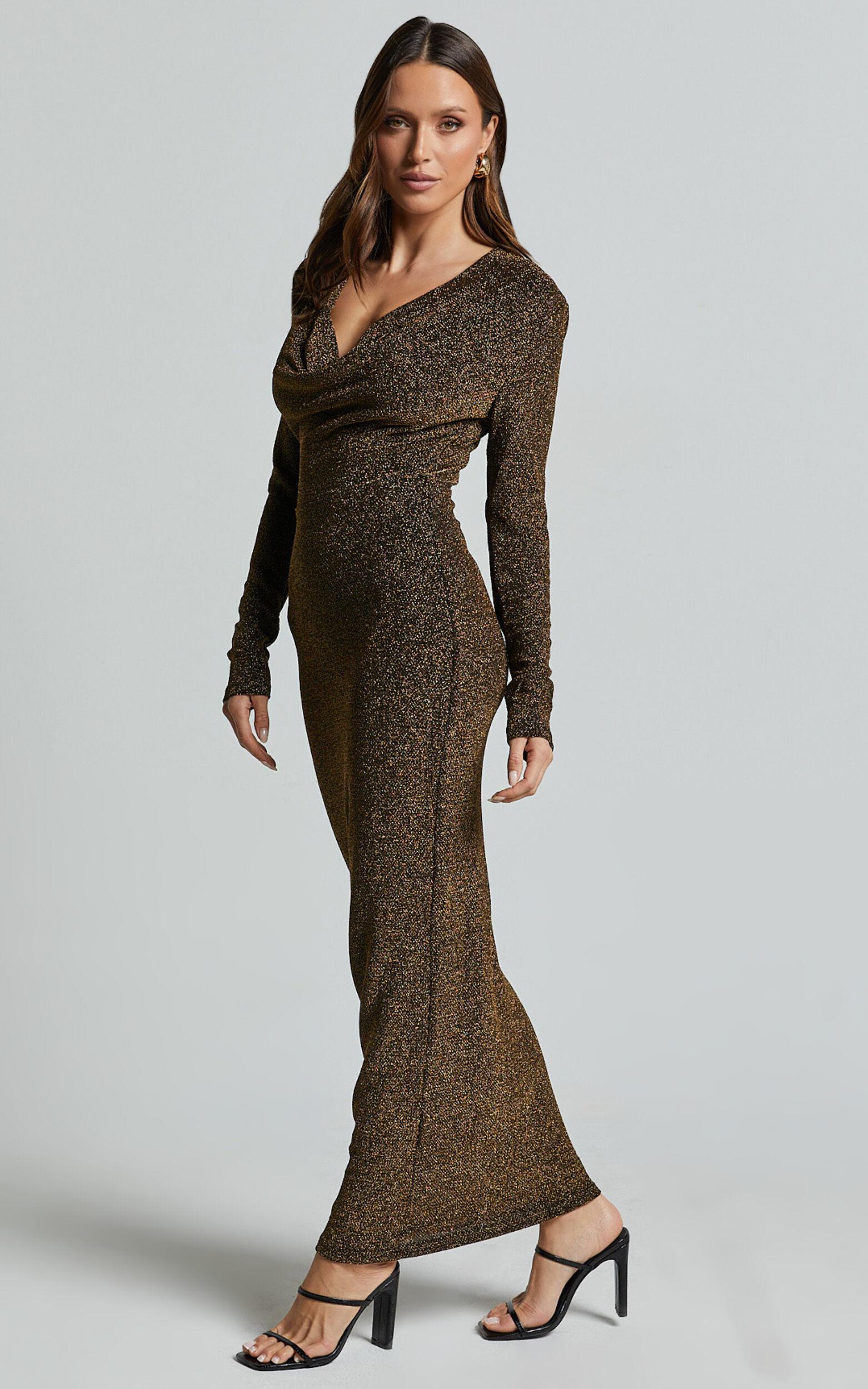 Paisley Midi Dress - Plunge Cowl Neck Long Sleeve Glitter Jersey Dress in Gold Product Image