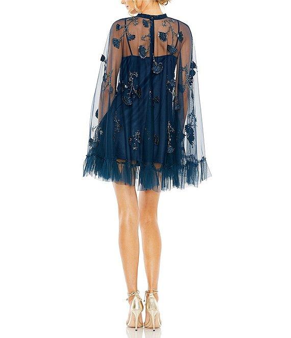 Mac Duggal Mock Neck Long Flared Sleeve Mesh A-Line Mini Dress Product Image