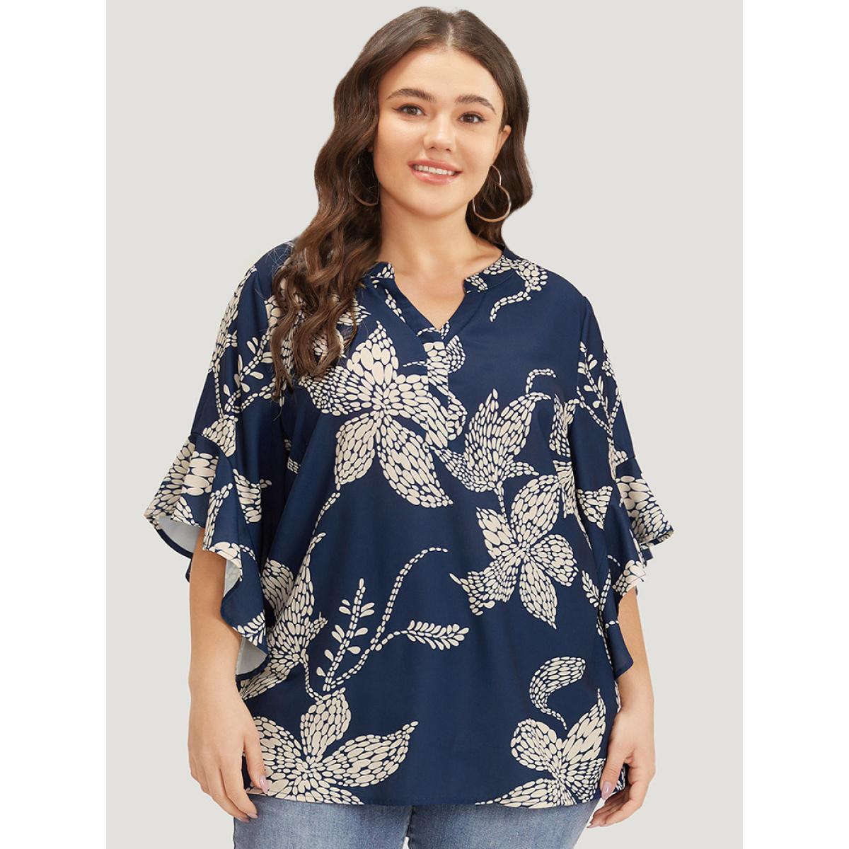 Plus Size Indigo Silhouette Floral Print Bell Sleeve Ruffle Trim Blouse Women Elegant Half Sleeve V-neck Dailywear Blouses BloomChic 22-24/3X Product Image