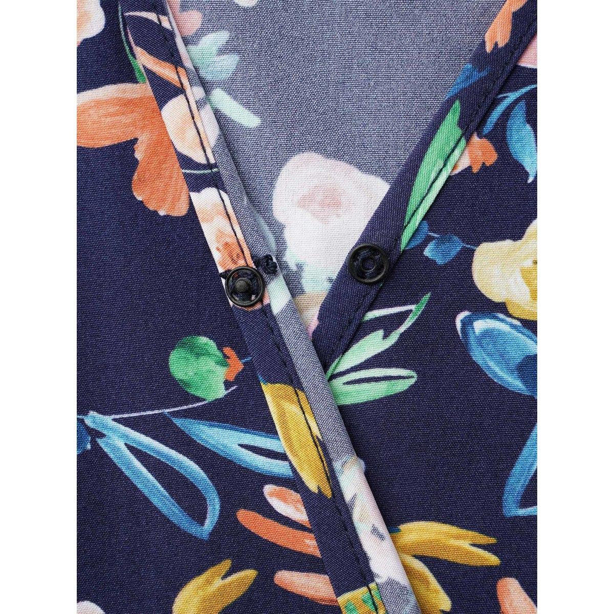 Plus Size Surplice Neck Floral Print Pocket Dress DarkBlue Women Elegant Non Overlap Collar Elbow-length sleeve Curvy BloomChic 28/5X Product Image