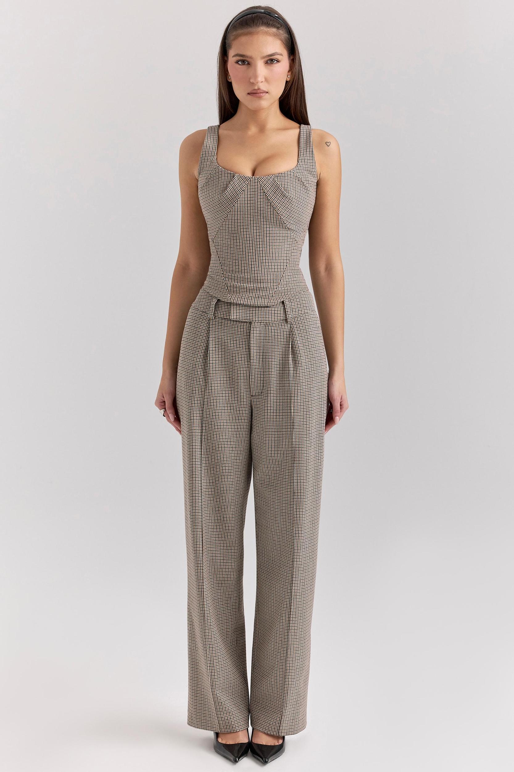 Hayden  brown puppytooth wide leg high waist tailored trousers Product Image