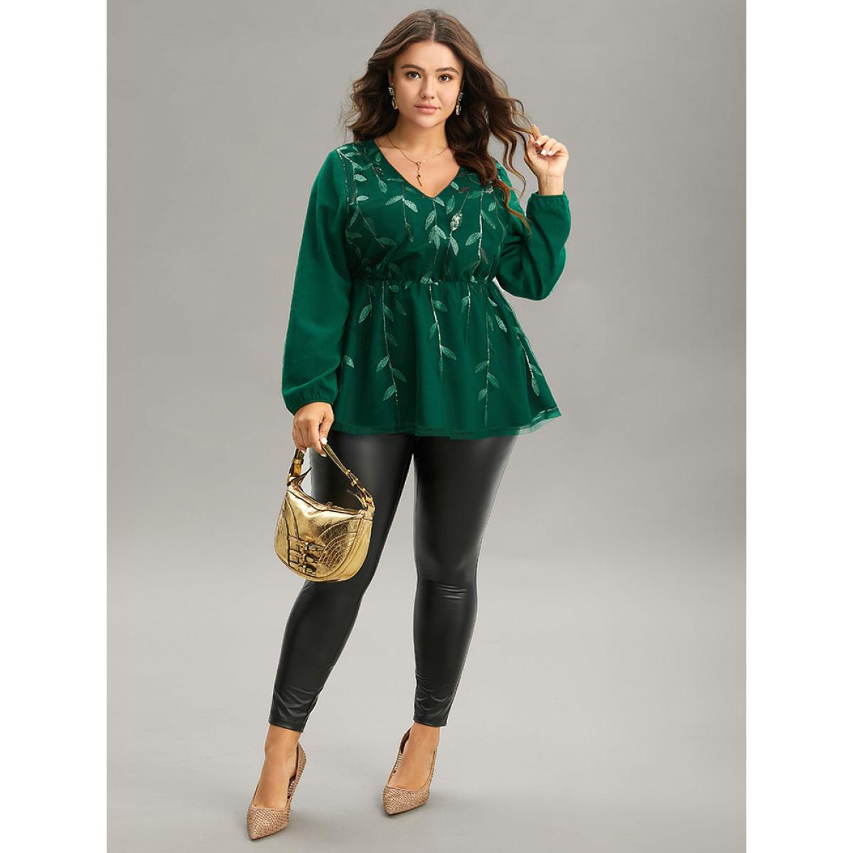 Plus Size Green Leaves Embroidered Sequin Tiered Mesh Blouse Women Glamour Long Sleeve V-neck Party Blouses BloomChic 28/5X Product Image