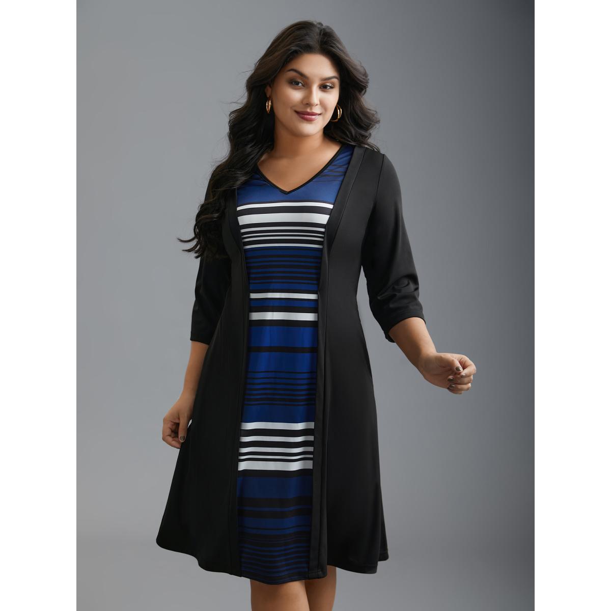 Plus Size Striped Patchwork Contrast Knit Dress Black Women Elegant Contrast Knit Dresses Bloomchic 28/5X Product Image