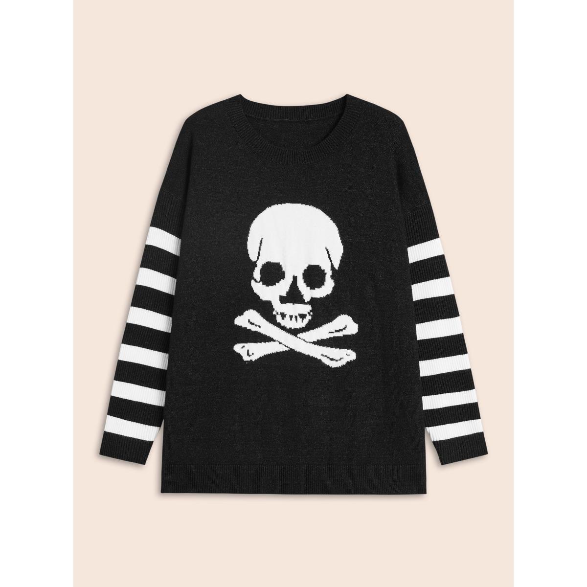 Plus Size Supersoft Essentials Gothic Skull Striped Sleeves Pullover Black Women Casual Loose Long Sleeve Round Neck Everyday Pullovers BloomChic 14-16/1X Product Image