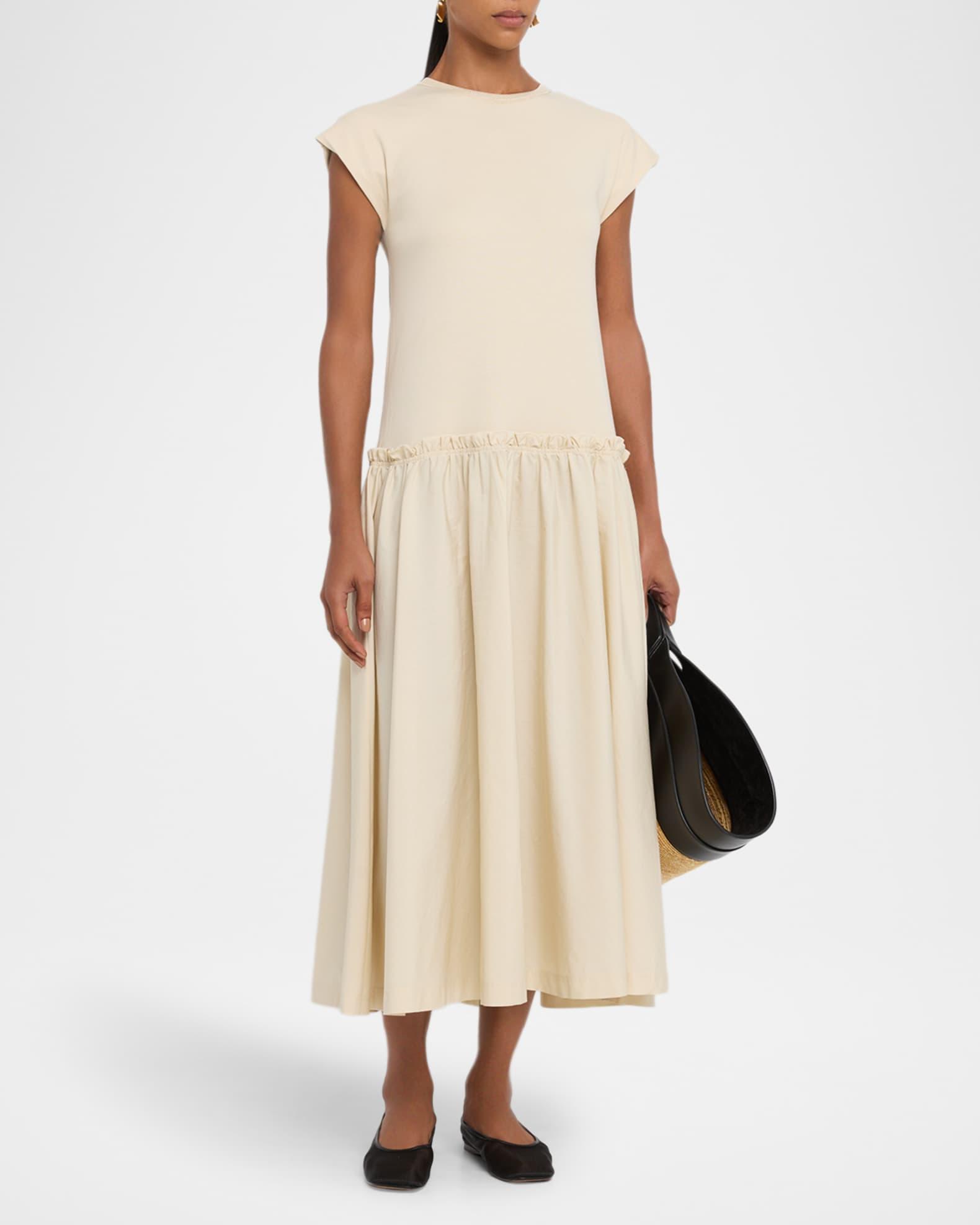 Cap-Sleeve Cotton Jersey & Poplin Midi Dress Product Image