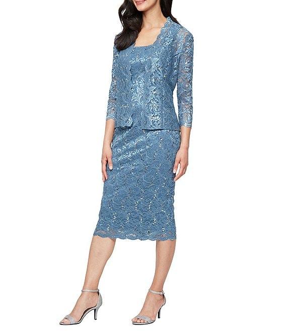 Ignite Evenings 3/4 Sleeve Square Neck Sequin Lace 2-Piece Jacket Midi Dress Product Image
