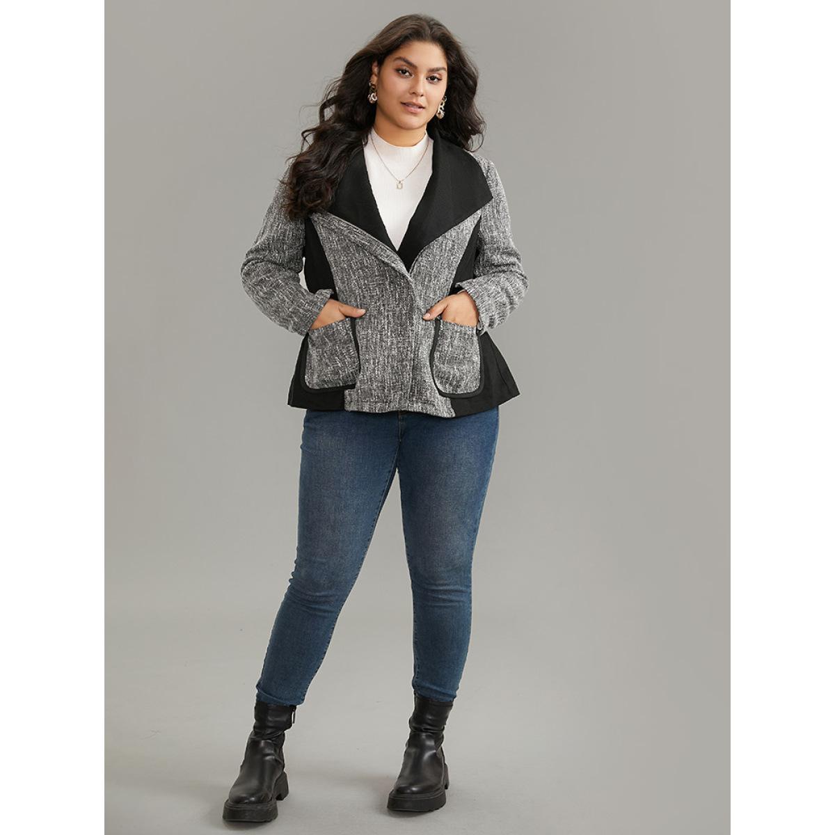 Plus Size Contrast Patchwork Zipper Lapel Collar Tweed Coat Women DimGray Casual Lined Ladies Dailywear Winter Coats BloomChic 30/6X Product Image