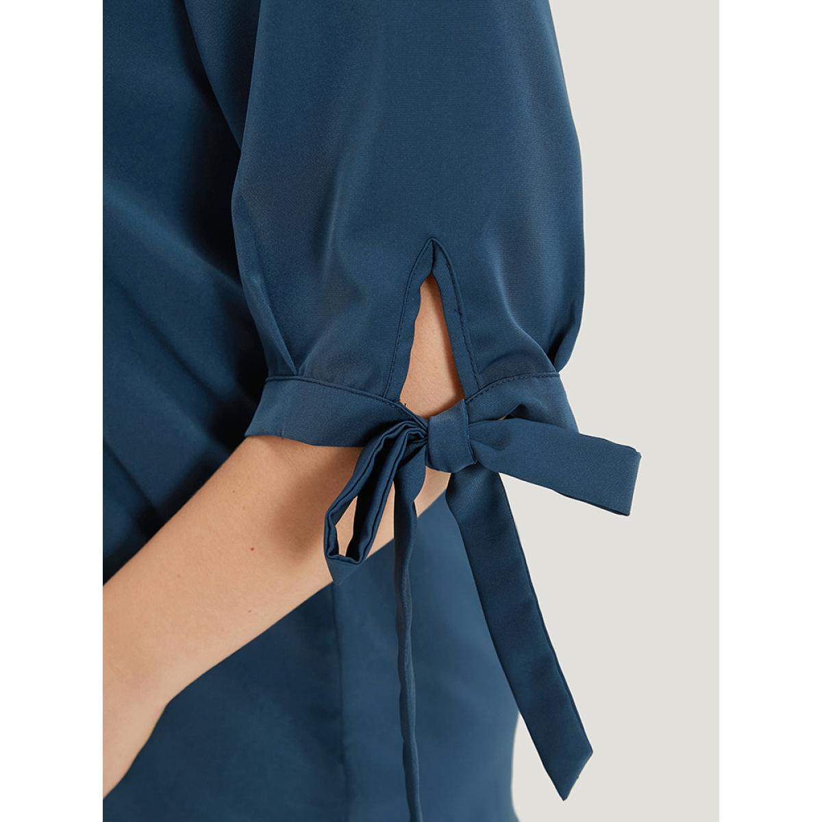 Plus Size Indigo Anti-Wrinkle Plain Button Up Knot V Neck Pocket Blouse Women Office Half Sleeve V-neck Dailywear Blouses BloomChic 30/6X Product Image
