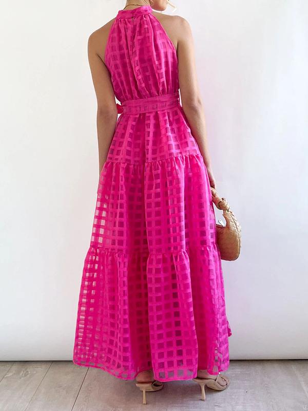 Loose Sleeveless Plaid Ribbed Stand Collar Maxi Dresses Product Image