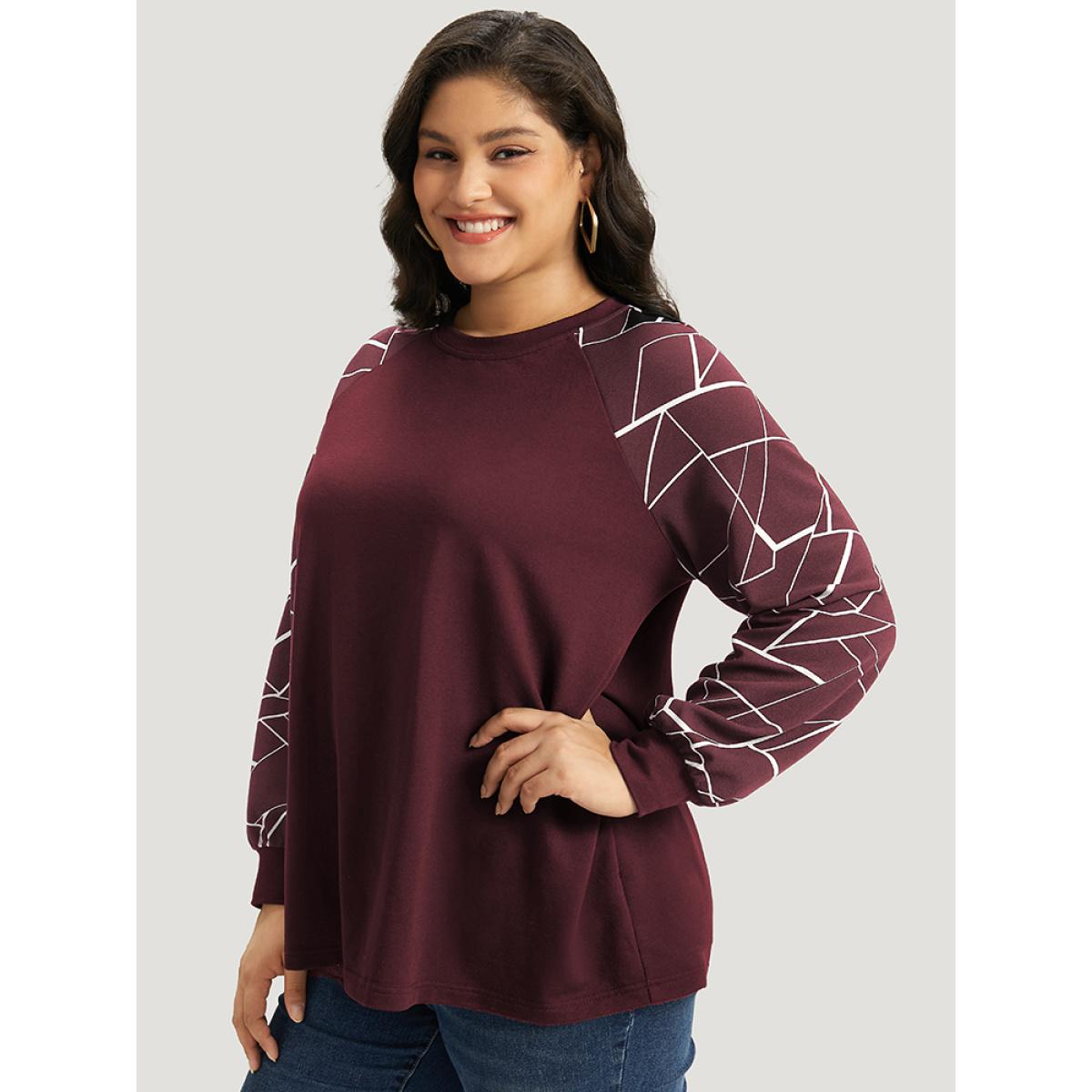 Plus Size Geometric Round Neck Raglan Sleeve Sweatshirt Women Burgundy Casual Elastic cuffs Round Neck Dailywear Sweatshirts BloomChic 12/L Product Image