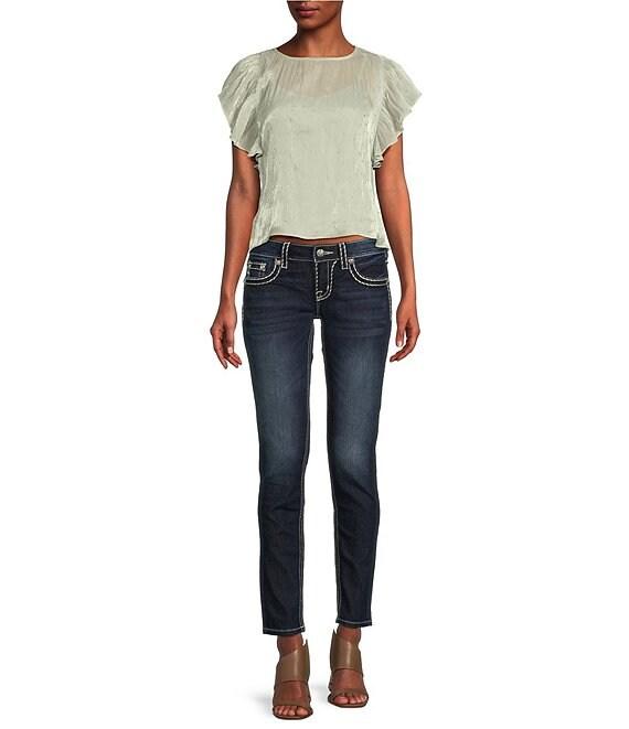 Miss Me Saddle Border Stitch Flap Pocket Low Rise Skinny Jeans Product Image