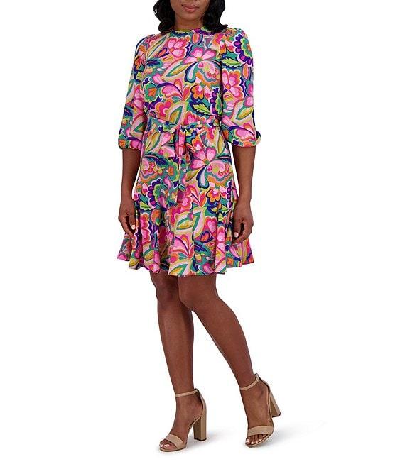 Jessica Howard Crew Neck 3/4 Sleeve Tie Sash Fit and Flare Godet Dress Product Image