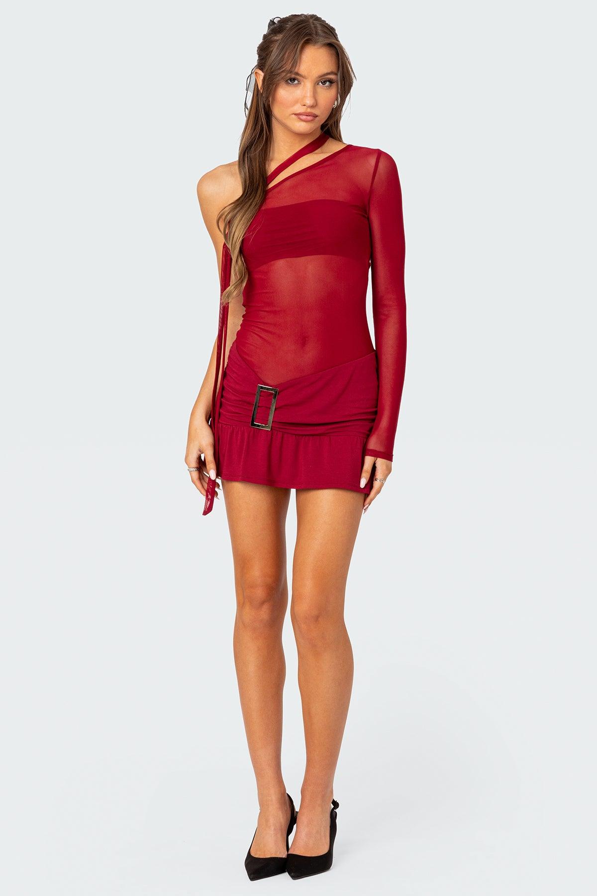 One Shoulder Sheer Mesh Mini Dress Product Image