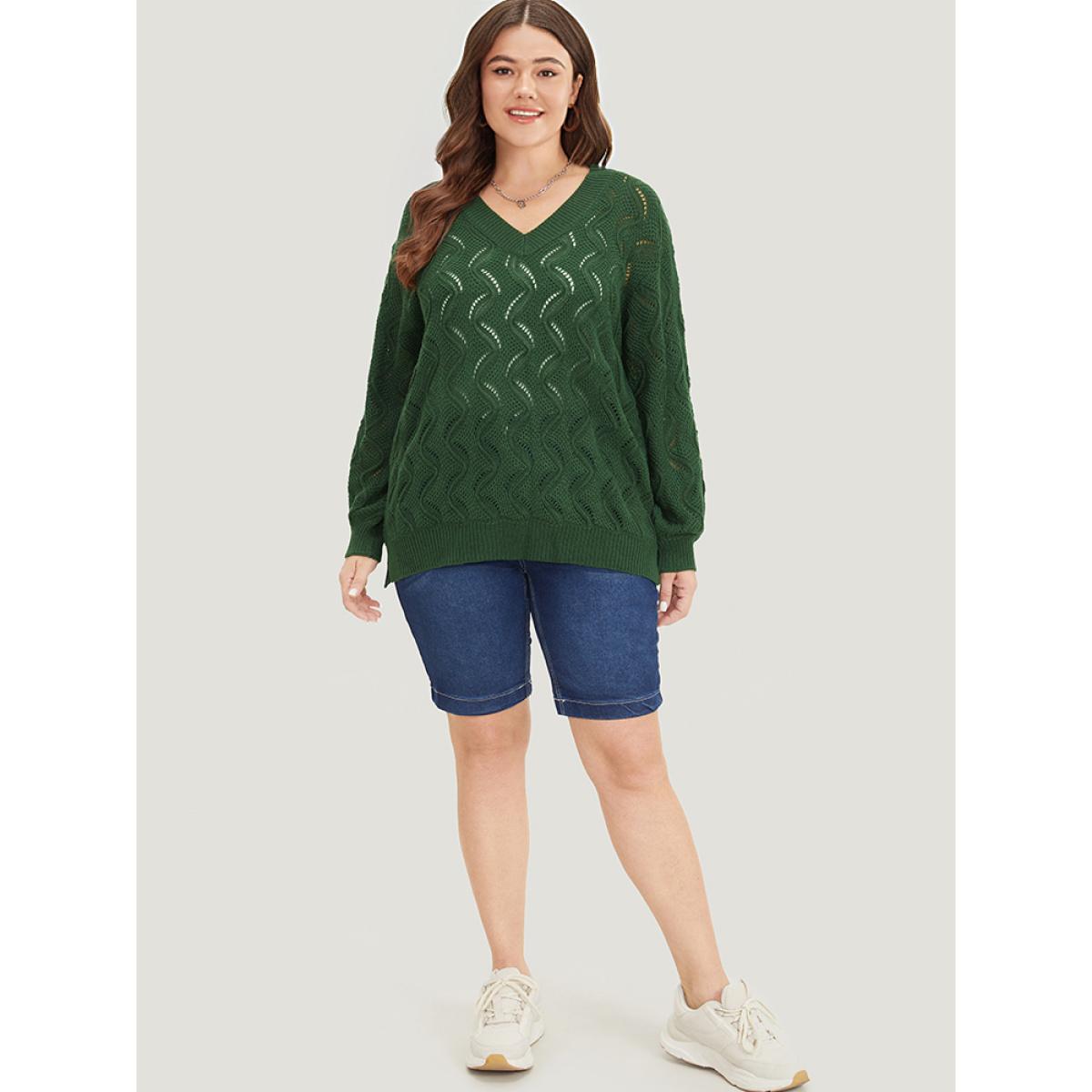 Plus Size Plain Hollow Out V Neck Pullover DarkGreen Women Casual Loose Long Sleeve V-neck Everyday Pullovers BloomChic 26/4X Product Image