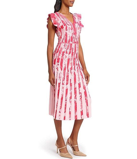 Ming Wang Knit Jacquard V-Neck Flutter Sleeve Fit-And-Flare Midi Dress Product Image