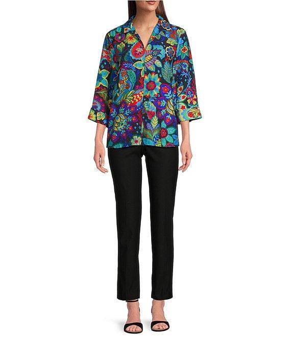 Ali Miles Woven Paisley Floral Multi Print Collared V-Neck 3/4 Sleeve Tunic Product Image