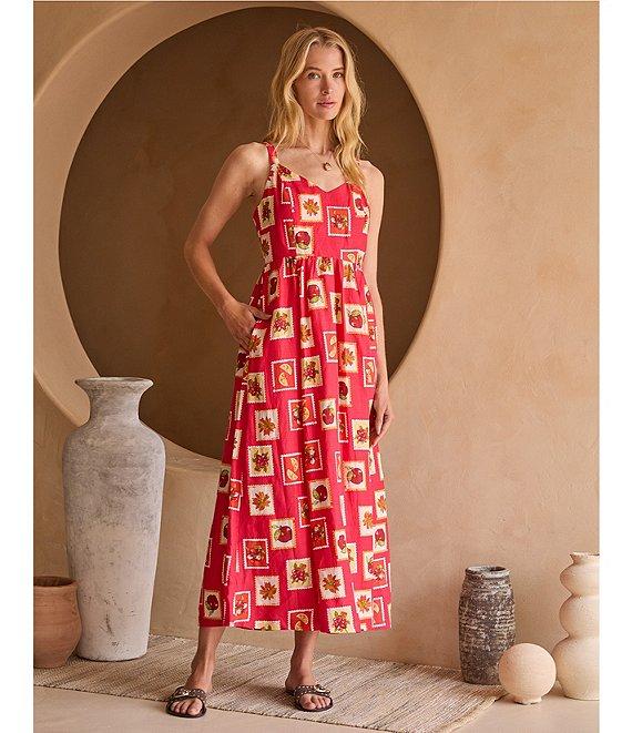 Skies Are Blue Printed Linen Blend V-Neck Back Smocked Maxi Dress Product Image