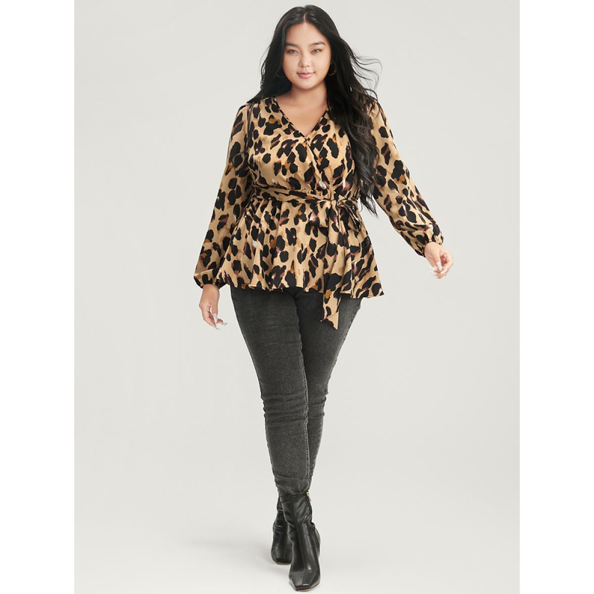 Plus Size LightBrown Leopard Belted Wrap Lantern Sleeve Blouse Women Elegant Long Sleeve V-neck Dailywear Blouses BloomChic 12/L Product Image