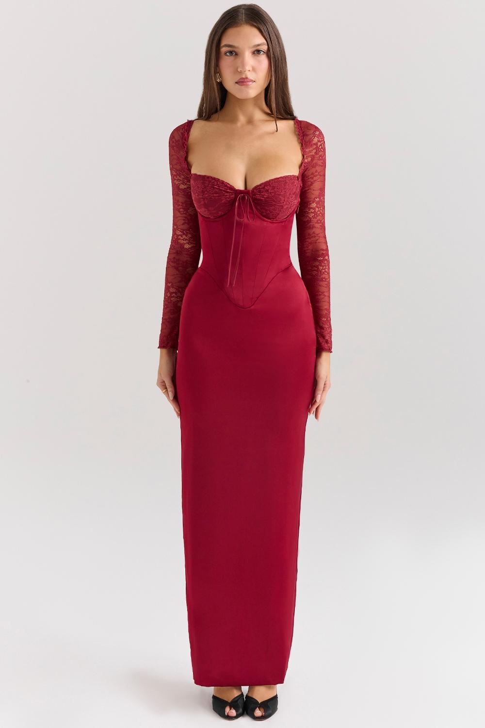 Perdi  berry satin maxi dress with corset Product Image