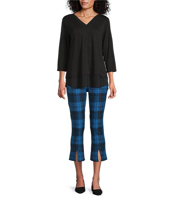 Slim Factor by Investments Ponte Knit Vallarta Blue Plaid No Waist Kick Flare Crop Split Hem Pants Product Image