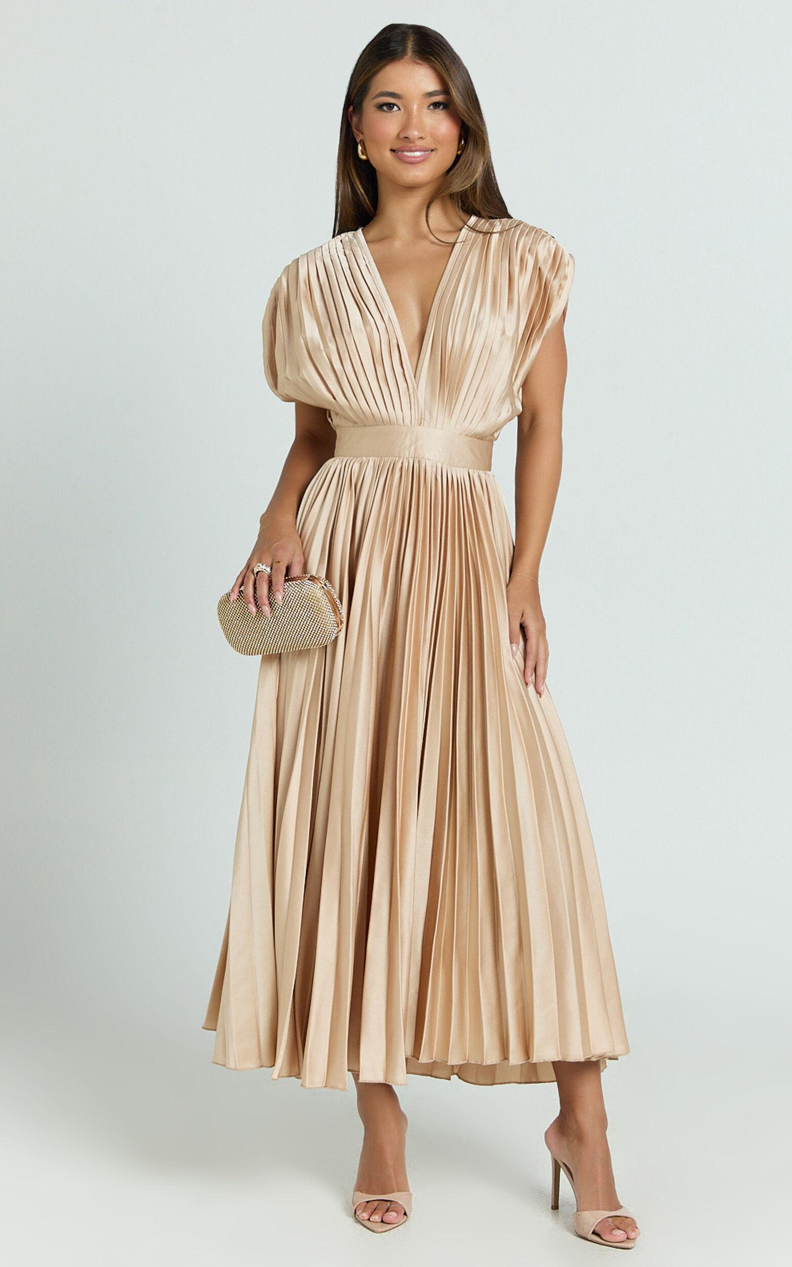 Della Midi Dress - Plunge Neck Short Sleeve Pleated Dress in Champagne Product Image