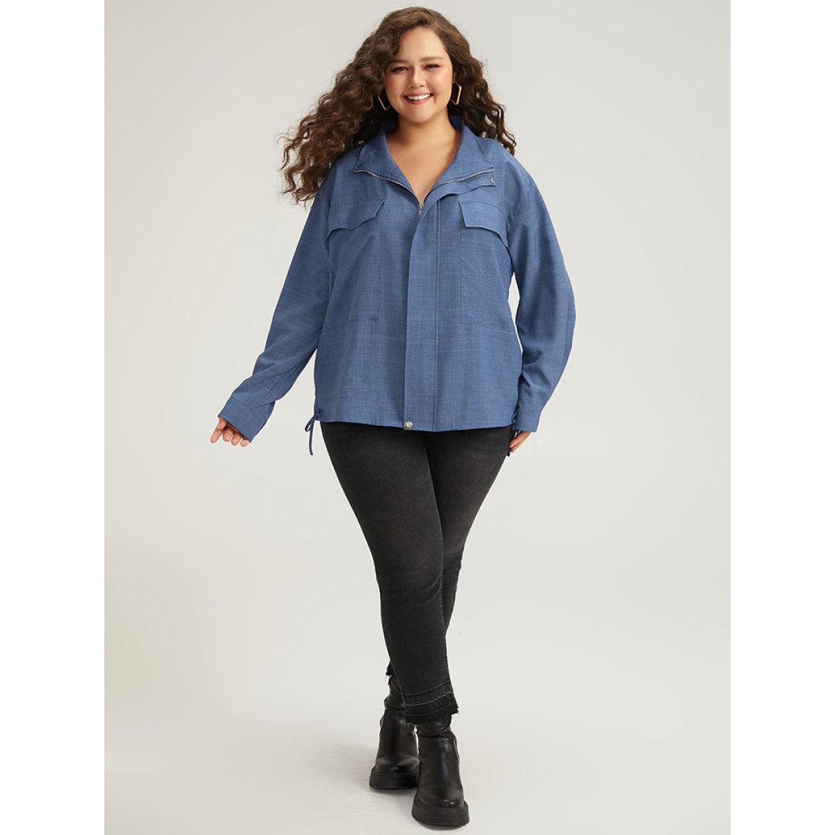 Plus Size Plain Flap Pocket Zipper Lapel Collar Coat Women Stone Casual Plain Ladies Dailywear Winter Coats BloomChic 18-20/2X Product Image