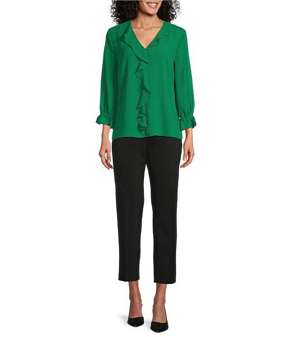 Investments Petite Size Riley Woven Cascading Ruffle V-Neck 3/4 Sleeve Top Product Image