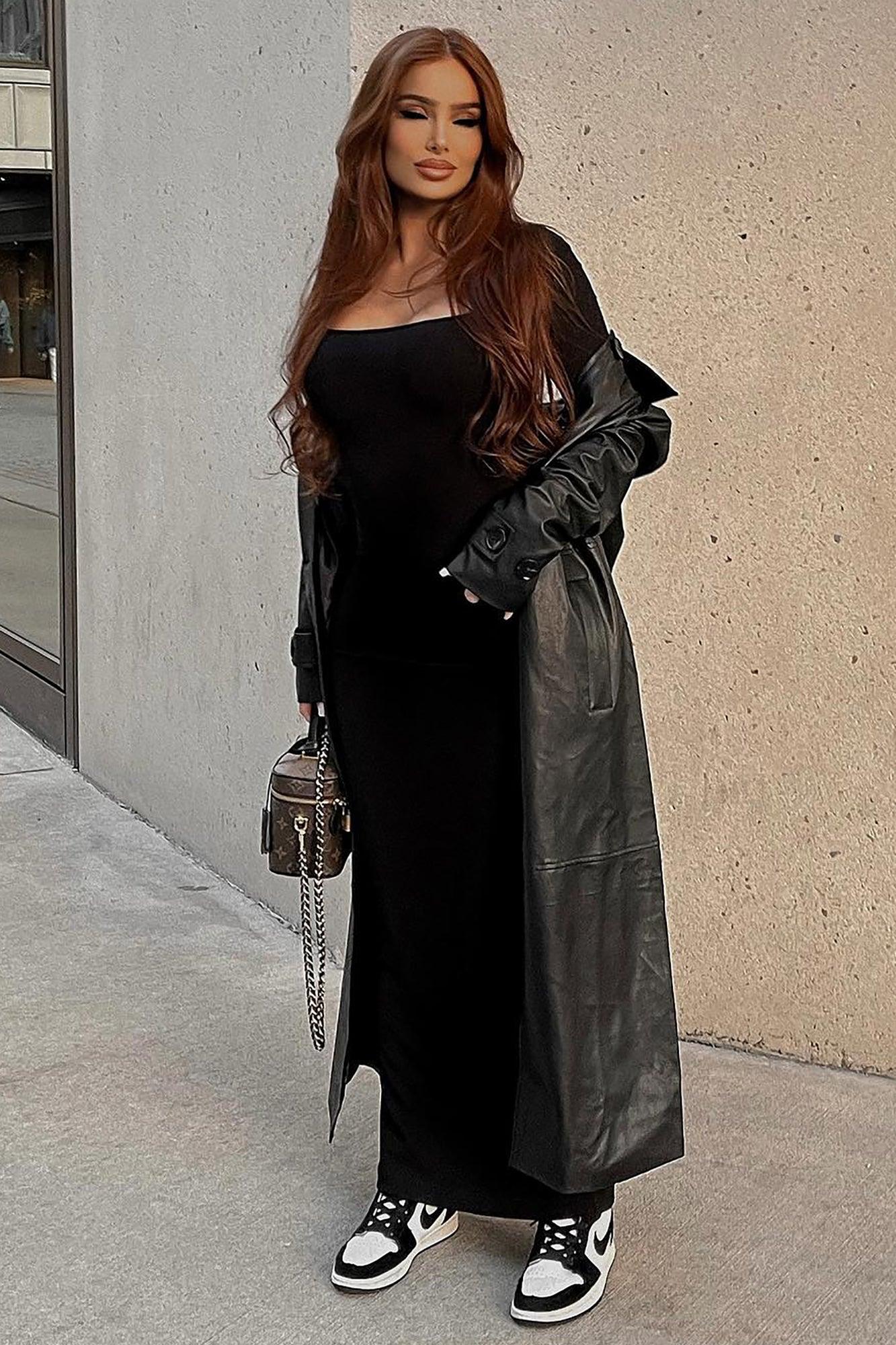 Gimme A Clue Faux Leather Trench Coat - Black Female Product Image