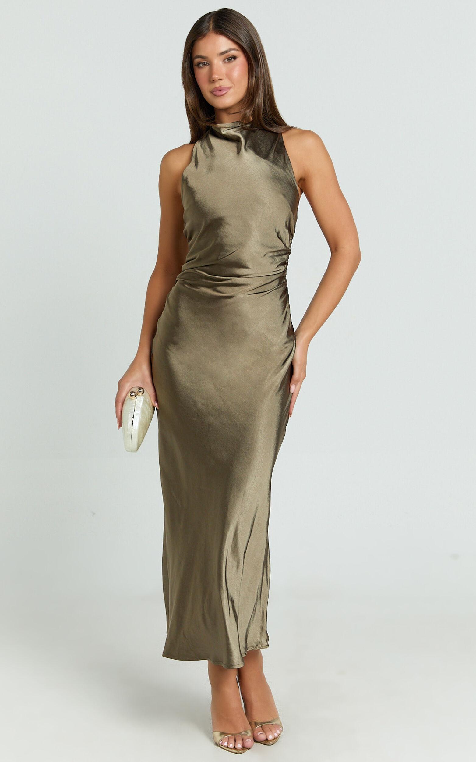 Aluna Midi Dress - High Neck Cross Back Satin Slip Dress in Olive Product Image