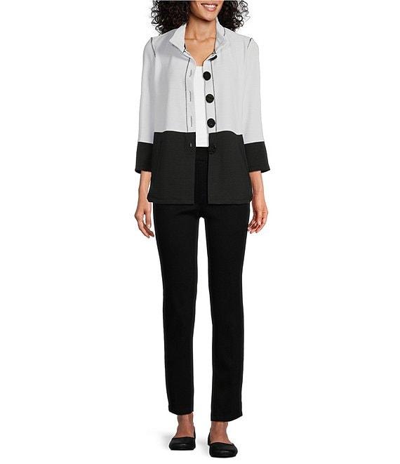 Multiples Petite Size Solid Stripe Jacquard Stand Collar 3/4 Sleeve Fitted Button Front Jacket Product Image