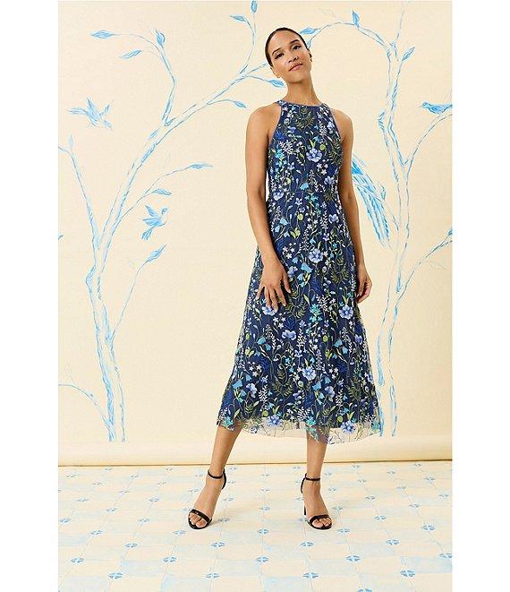 Maggy London Floral Embroidery Halter Neck Sleeveless Plunge Back Detail Midi Dress Product Image