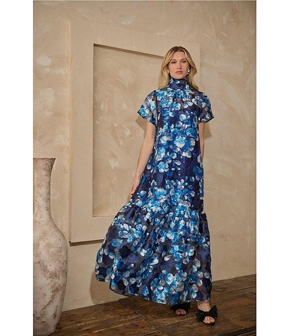 Sugarlips Abay Floral Dime Organza Mock Neck Bow Back Short Sleeve Maxi Dress Product Image