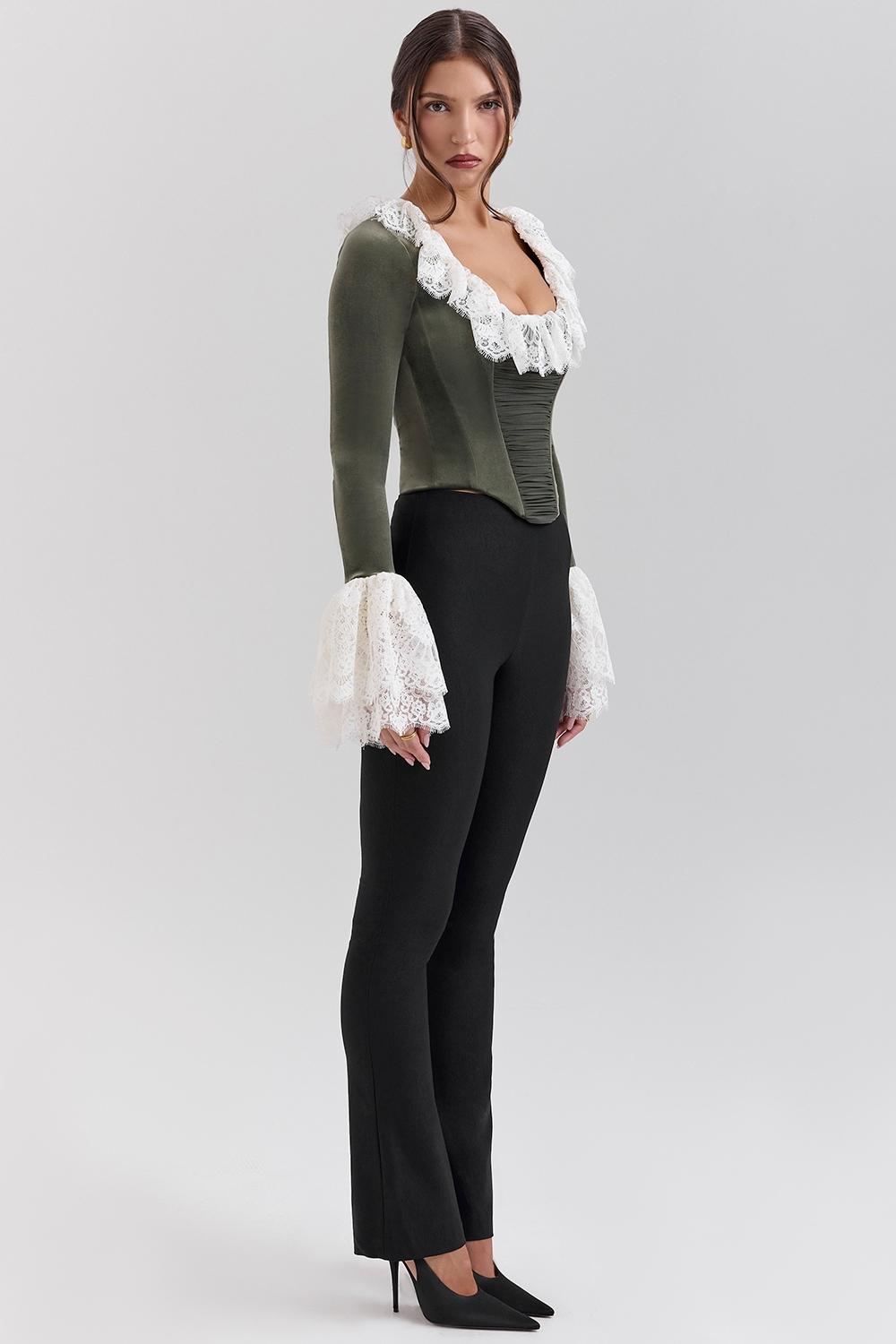 Jacinda  forest green velvet lace trimmed corset top - sale Product Image