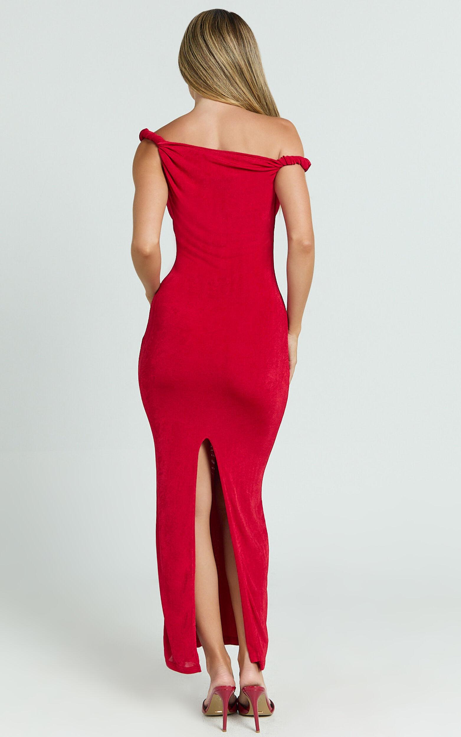Isabel Midi Dress - Twist Off Shoulder Bodycon Dress in Red Product Image