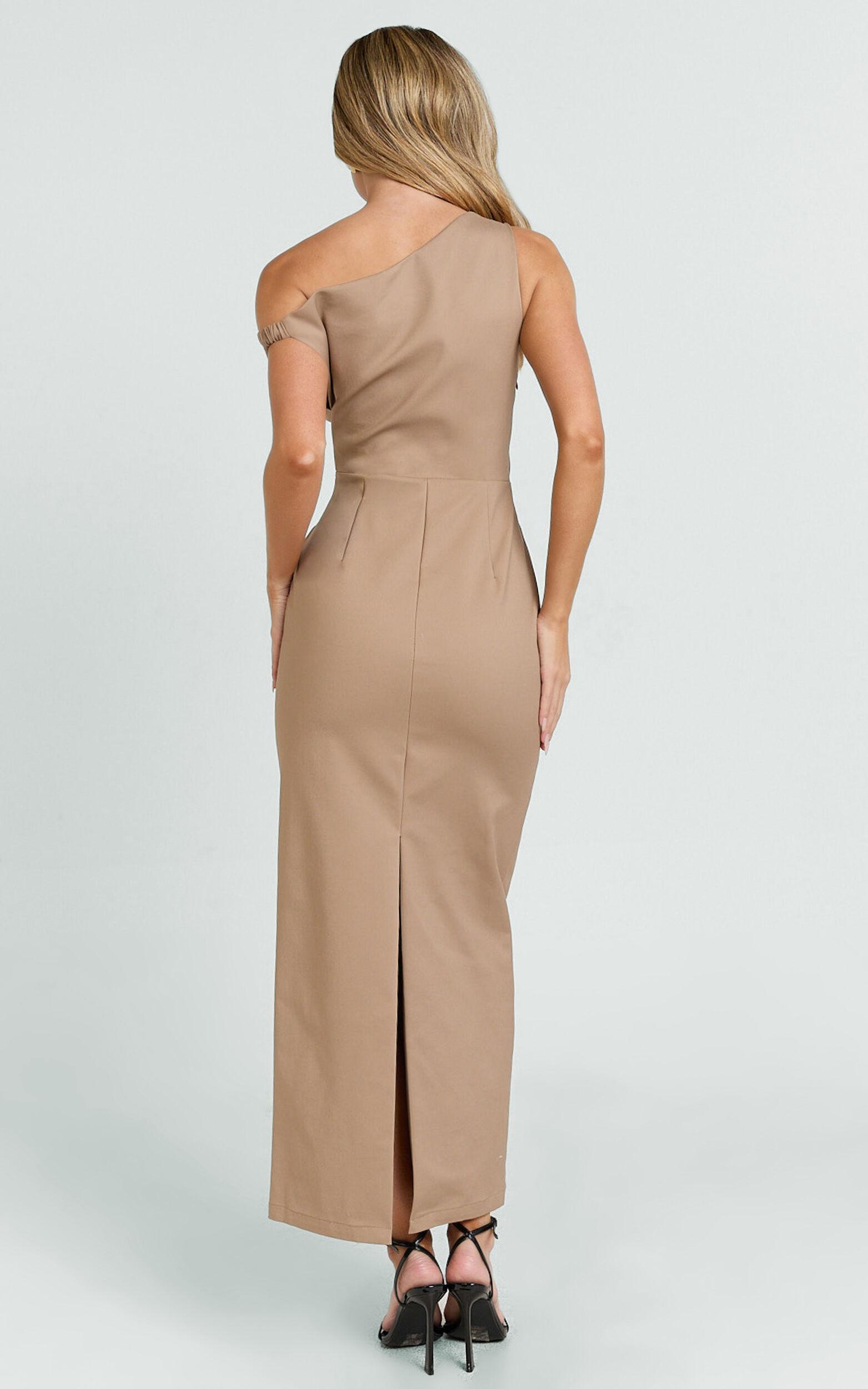 Alexandria Midi Dress - Tip Shoulder Draped Fitted Dress in Mocha Product Image